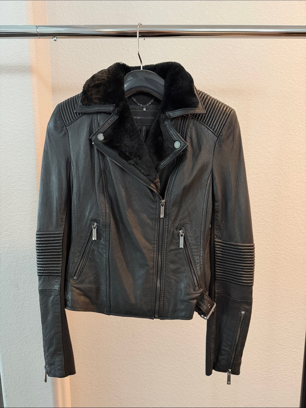 BCBG Maxazria Leather Moto Jacket with Faux Fur Collar